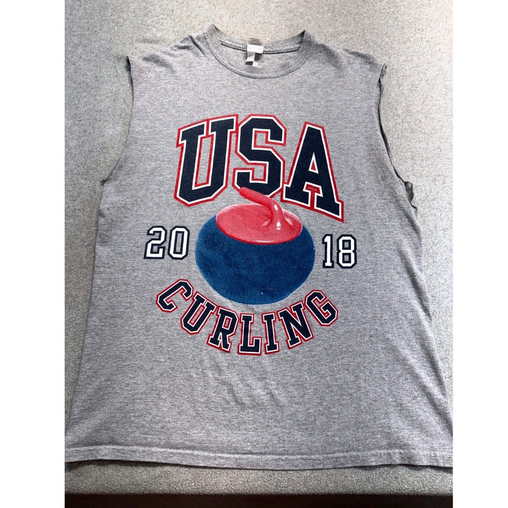 Gildan USA Curling‎ Muscle Tee Mens Medium Gray 2018 Winter Sports Tank Olympics